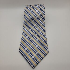 BAHRACH Mens Silk Tie Blue Yellow Plaid Grid Pattern Formal Necktie